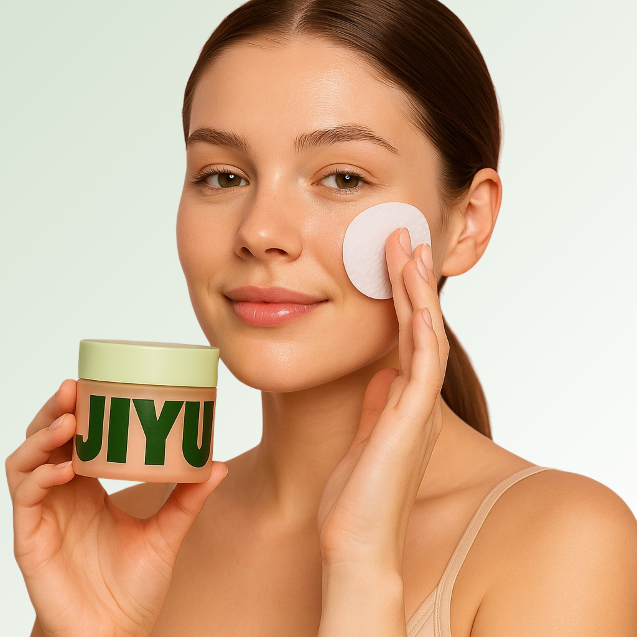 Model applying Luneo toner pad to cheek while holding jar – anti-aging Korean skincare with snail mucin and peptides